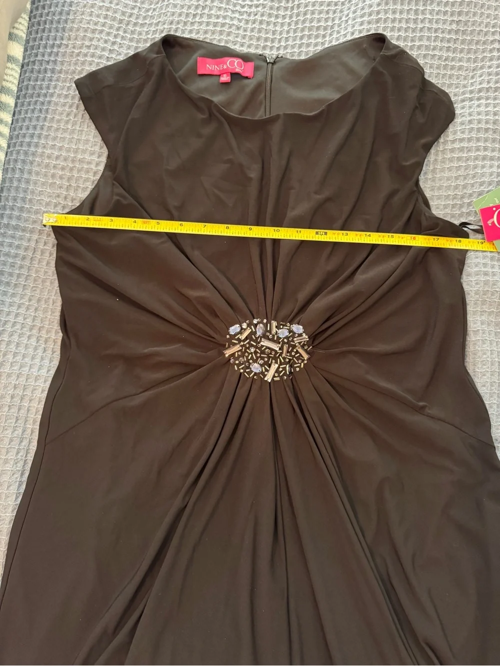 NWT Nine & Co. Black Ruched Sheath Dress with Beaded Waist Detail - Cap Sleeve - Picture 10 of 14